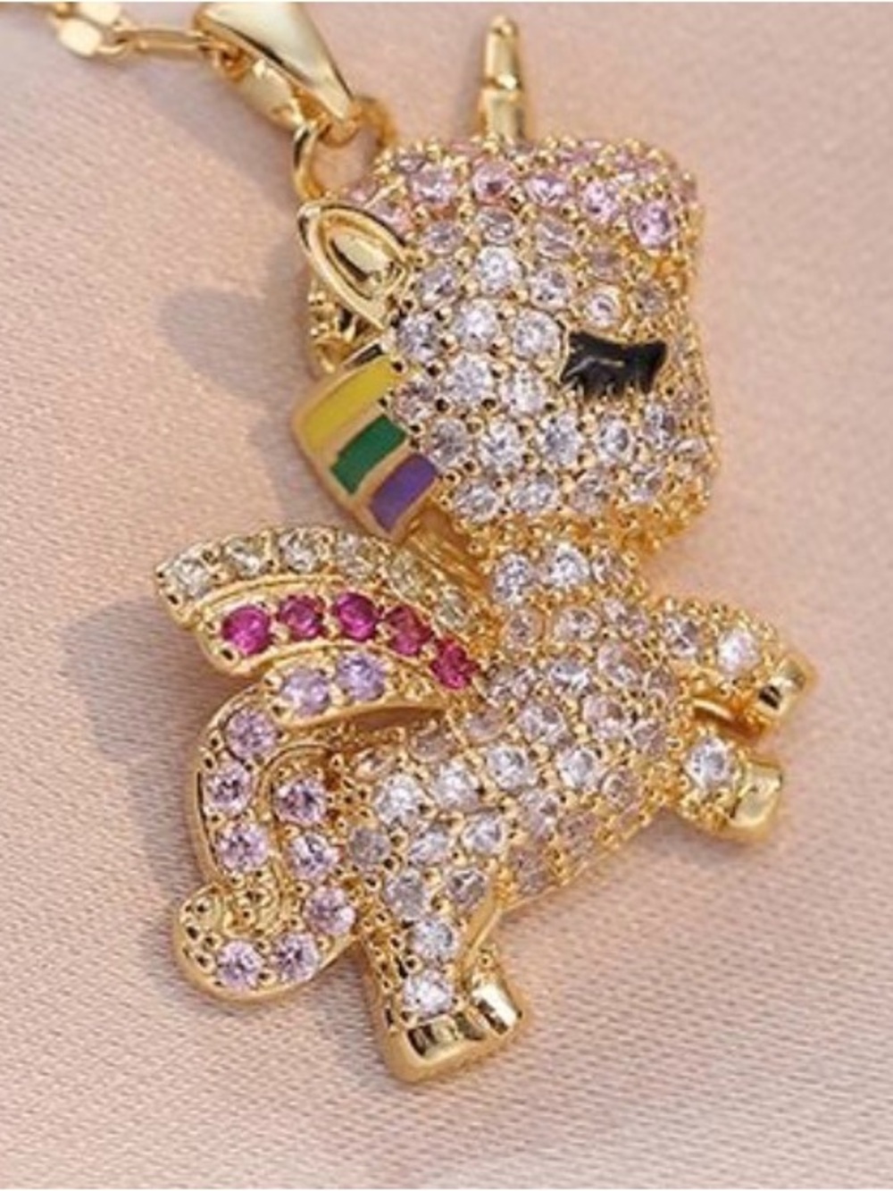 Gold Plated Crystal Unicorn Pendant Necklace - Pink and Multicolor Accents